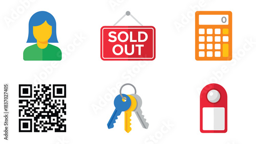 Business Icons Set Sold Out Sign Calculator QR Code Keys Door Hanger and Person Silhouette Vector Illustration