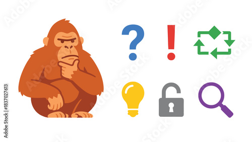 Pensive Gorilla Pondering Solutions and Ideas with Icons of Question Mark Exclamation Recycling Lightbulb Unlock and Search