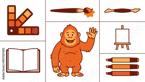 Cute Cartoon Orangutan Character with Art Supplies Color Swatch Paintbrush Canvas Easel Studio Tools Open Book Markers for Creative Design Projects
