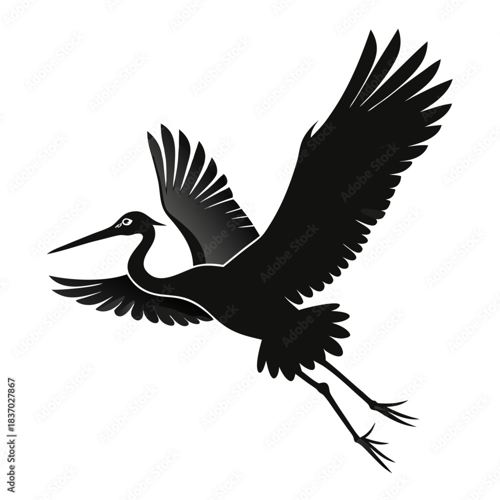 Fototapeta premium Stork Fly vector clean black silhouette design white background