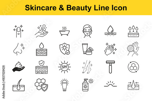Skincare and beauty line icons collection featuring various skin conditions and personal hygiene