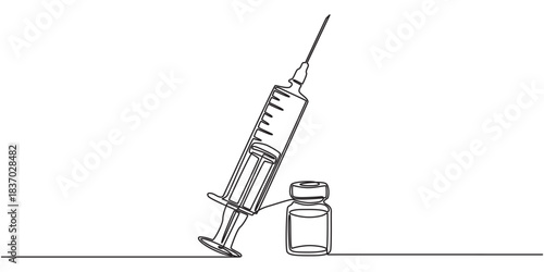 One continuous line drawing of medicine set with syringe and vial, Medical syringe and medicine vial. Pharmaceutical components and vaccine symbol in a simple linear style editable stroke.