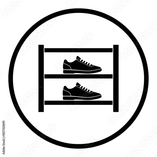 Simple black and white shoe rack icon inside a circular border isolated on white background