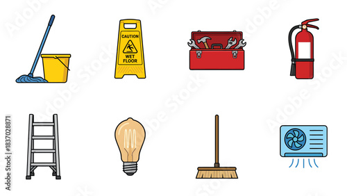 Essential Home Maintenance and Repair Icons Mop Bucket Ladder Toolbox Fire Extinguisher Broom Lightbulb Wet Floor Sign AC Unit