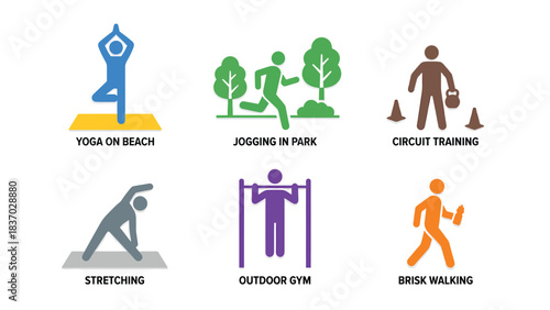 Diverse Outdoor Fitness Activities Icons Set Yoga Jogging Circuit Training Stretching Outdoor Gym Brisk Walking