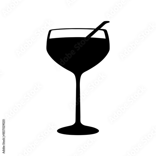 A minimalist black silhouette of a classic cocktail coupe glass with a drinking straw inside, filled with a beverage, perfect for bar menus, events, and elegant designs.