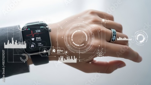 Hand wearing a smartwatch with a glowing holographic data interface and icons for health monitoring