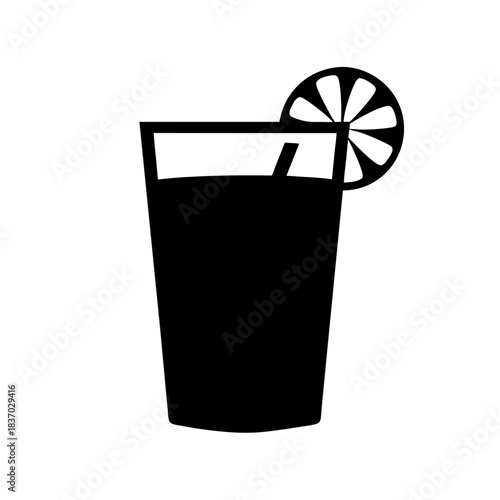 Simple silhouette icon of a refreshing cold beverage in a glass with a straw and citrus garnish