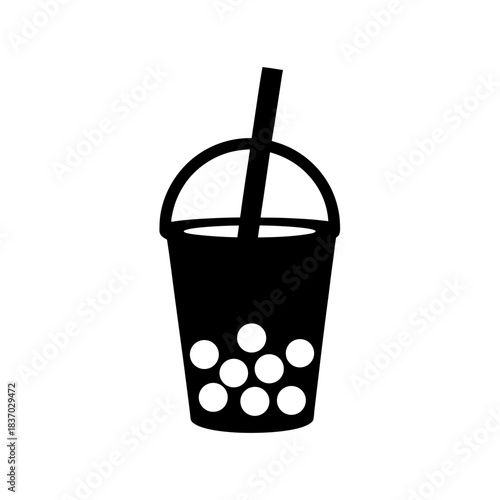 Simple black and white silhouette icon illustration representing a cup of bubble tea