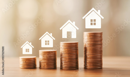 Real estate investment concept with coin stacks and house icons. Increasing home value and property price growth symbolized by money. Financial planning for buying a home with rising property values.