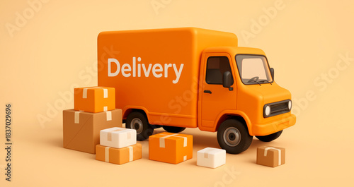 A bright orange delivery truck and shipping boxes. Fast package shipping and logistics concept. E-commerce and transportation service with a cargo van.