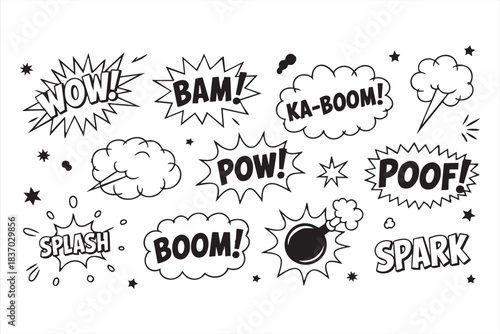 Pop Art Comic Sound Effects with Explosion Words and Action Bursts