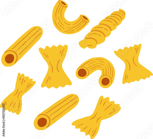 Set of italian pasta shapes on white background. Macaroni assortment vector illustration