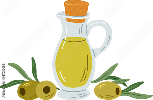 Olive oil bottle with fresh green olives vector illustration