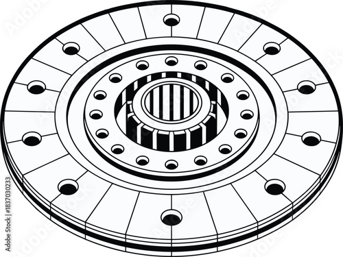 Roller bearing drawing, rotary element vector, mechanical component illustration, industrial machinery design, engineering CAD sketch, precision part, machine element, circular housing, bolt pattern
