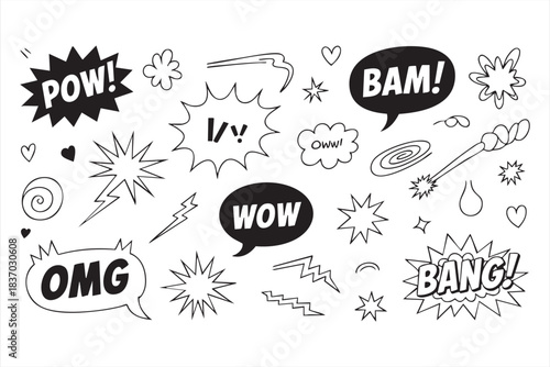 Dynamic Hand-Drawn Comic Bursts and Action Words for Graphic Design