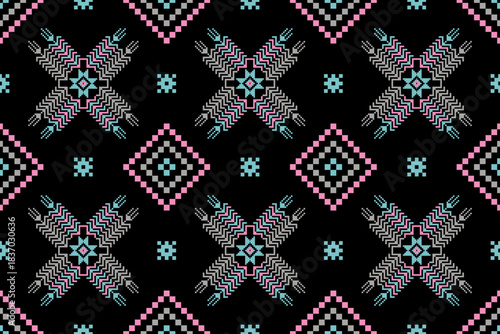 Cross stitch pattern concept showcasing traditional ethnic geometric pattern, Design for textile, background,carpet,wallpaper,clothing,wrapping,Batik,fabric,Vector illustration	
