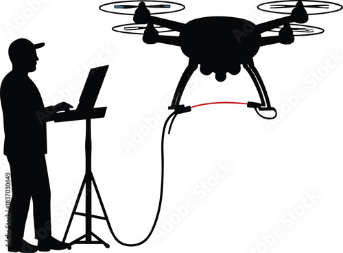 Drone operator silhouette, laptop on tripod, red cable connection, quadcopter hovering, UAV control scene, black graphic illustration, robotics, aviation, data transfer