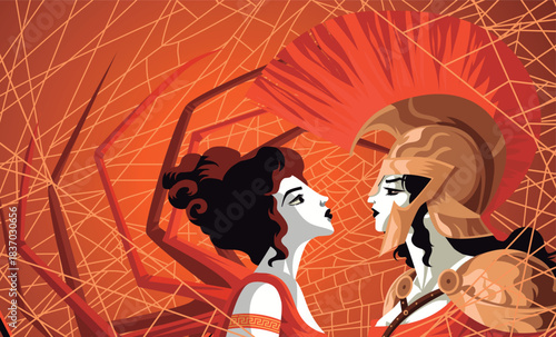 aracne challenging athena in a vast spiderweb during their mythical weaving contest