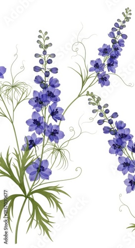 Delicate Blue Delphinium Flowers Botanical Illustration