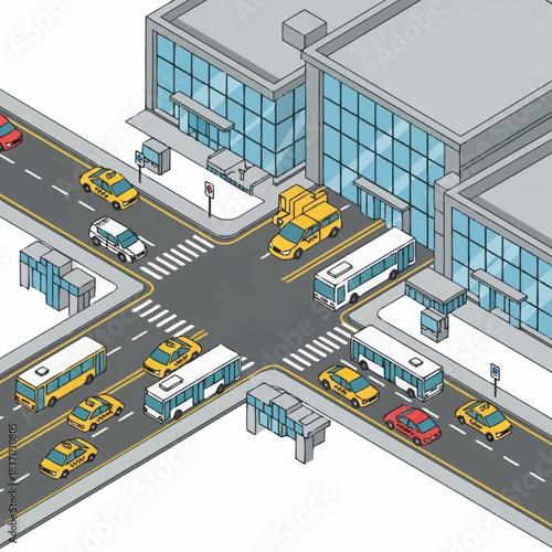 Busy City Intersection with Cars Buses and Buildings.