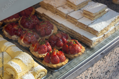 Chocolate Desserts Display in Pastry Shop