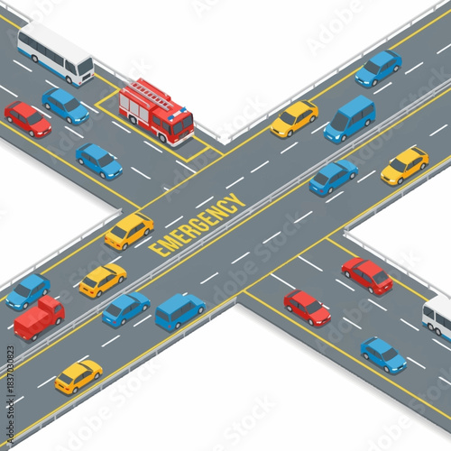 Emergency vehicle lane on a busy intersection with cars and a fire truck.