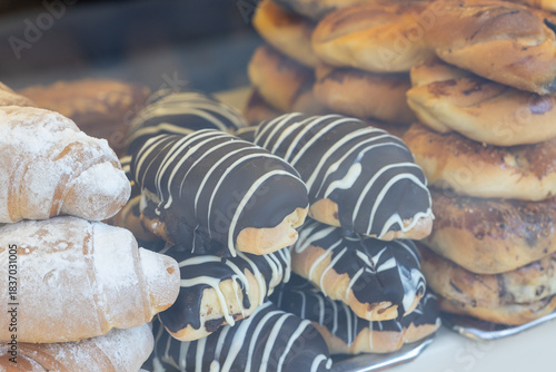 Chocolate Desserts Display in Pastry Shop