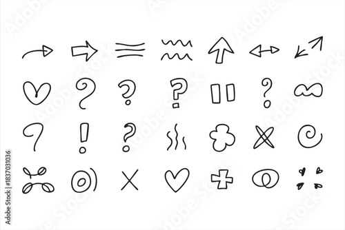Sketch Icon Set Featuring Question Marks, Exclamation Points, and Fun Shapes