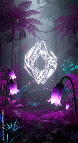 Ethereal Crystal Floating in Bioluminescent Forest