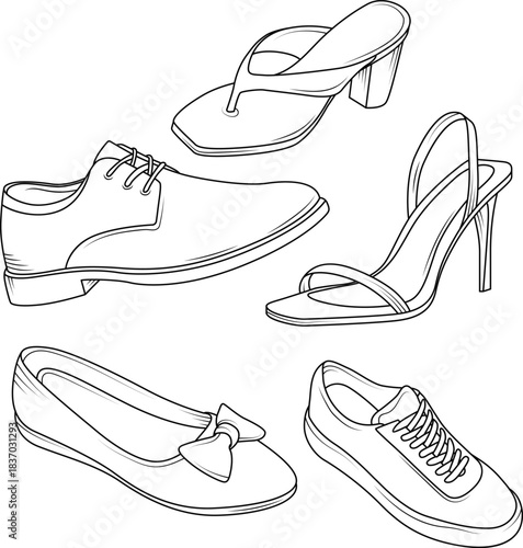 Collection of various footwear types, including men's dress shoes, women's sandals, ballet flats, and sneakers, in a detailed line art illustration.