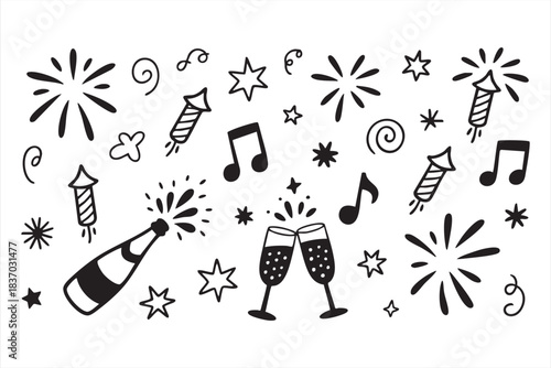 Party Illustration Pack with Fireworks, Music Notes, and Celebration Symbols