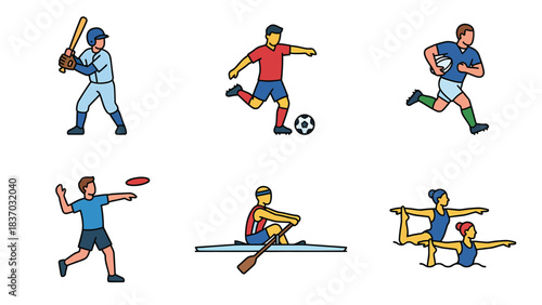 Diverse Sports Icons Set Baseball Soccer Running Frisbee Kayaking Synchronized Swimming Flat Design Vector Illustrations