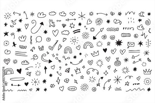 Hand-drawn doodle icons with hearts, stars, and arrows for playful designs
