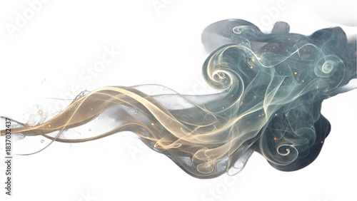 Abstract flowing smoke design in beige and dark blue colors with swirling shapes and gold particles on a white background