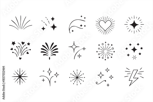 Minimal line-style fireworks, stars, and lightning elements for creative layouts