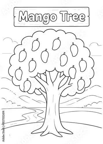 Coloring Book Mango Tree by the lakeside pathway