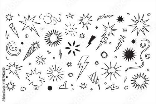 Hand-drawn starburst and lightning doodles for energetic visual effects