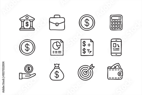 Line-art finance symbols for apps, dashboards, financial planning, and analytics