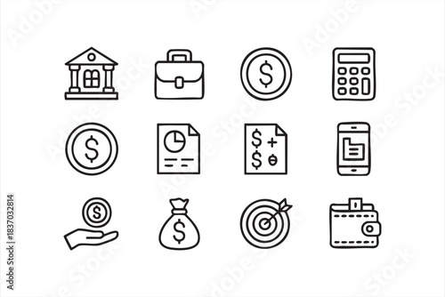 Banking and financial UI icons featuring coins, reports, invoices, and mobile tools