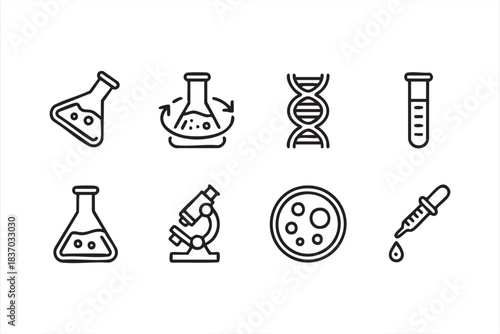 Laboratory line icons with DNA, flasks, petri dish, test tube, and microscope