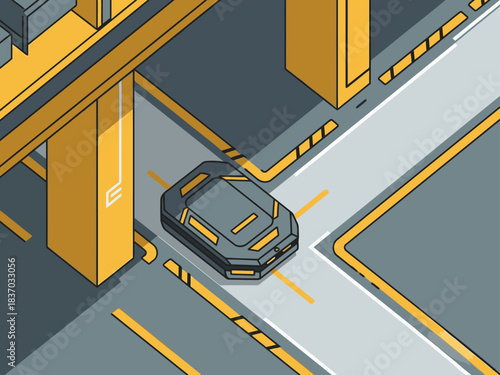 An autonomous vehicle navigates a futuristic city intersection. Bold lines and a modern aesthetic create a dynamic, visually striking scene. Ideal for technology and urban concepts.