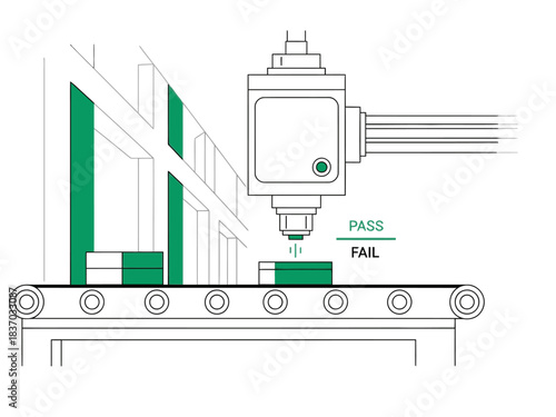 Automated quality check system inspects manufactured parts on a conveyor belt. Pass/Fail indicators clearly show the outcome of the inspection process. Modern industrial setting.