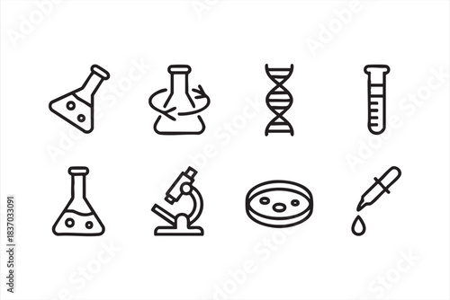 Scientific outline icons for chemistry, biology, research dashboards, and reports