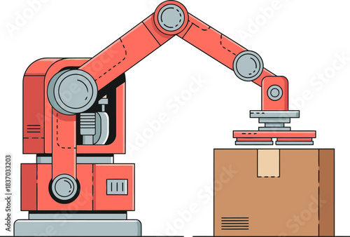 A robotic arm precisely places a box on a table. Clean, modern illustration with a bright, red robot and a brown cardboard box. Suitable for industrial, technology, and logistics themes.