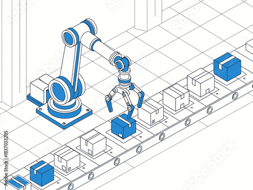 A robotic arm performs precise sorting on a conveyor belt, highlighting automation and efficiency. Clean, modern industrial setting. Ideal for business and technology visuals.