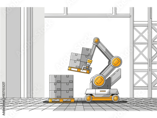 A robotic arm precisely stacks pallets in a warehouse. Clean lines, modern industrial setting, and bright lighting showcase efficient logistics. Perfect for business and technology visuals.