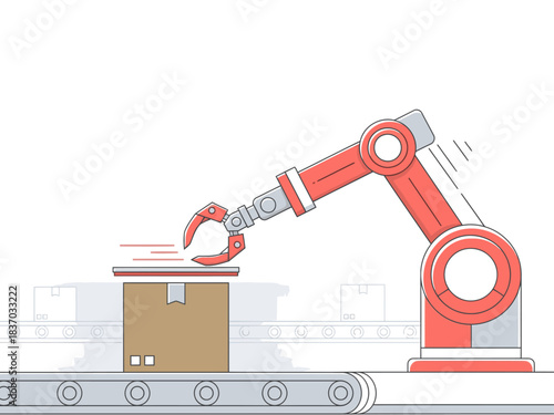 A robotic arm secures a cardboard box on a conveyor belt. Modern, industrial illustration. Clean, bright, and visually appealing for business or technology concepts.