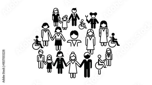 A diverse group of people, including individuals in wheelchairs, forming a circle, symbolizing community and inclusion.