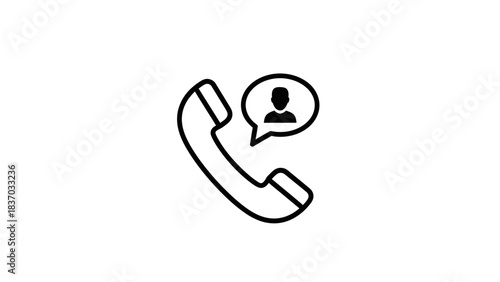 Line art icon of a telephone handset with a speech bubble and a person symbol, representing a phone call or customer service.